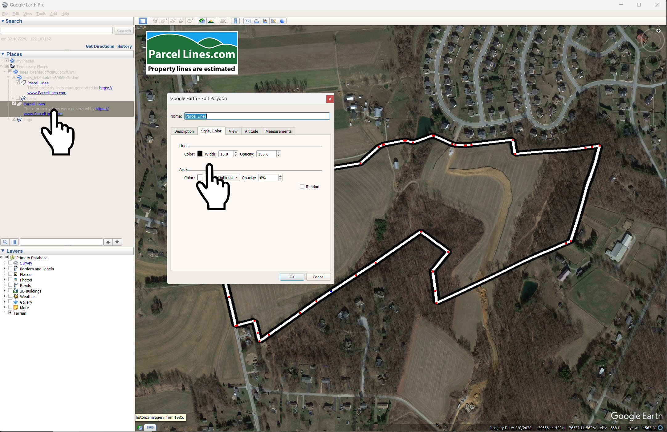 Creating bordered lines in Google Earth